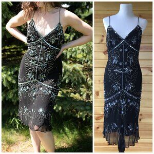 Vintage Y2K Black Silk Beaded Fitted Sheath Slip Dress Papell Formal S/M